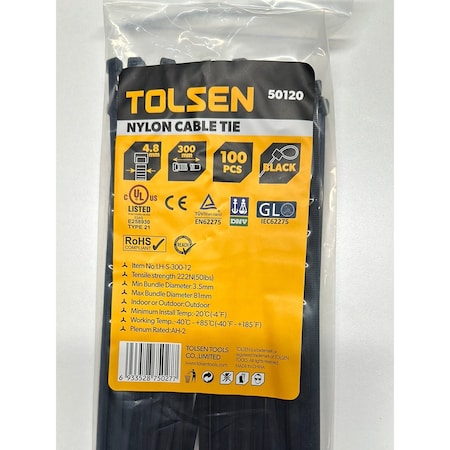 Tolsen Cable Tie, 12 in L, 81 mm Max Bundle Dia., Black, Nylon 6/6, 50 lb Strength, 100 PK 50120